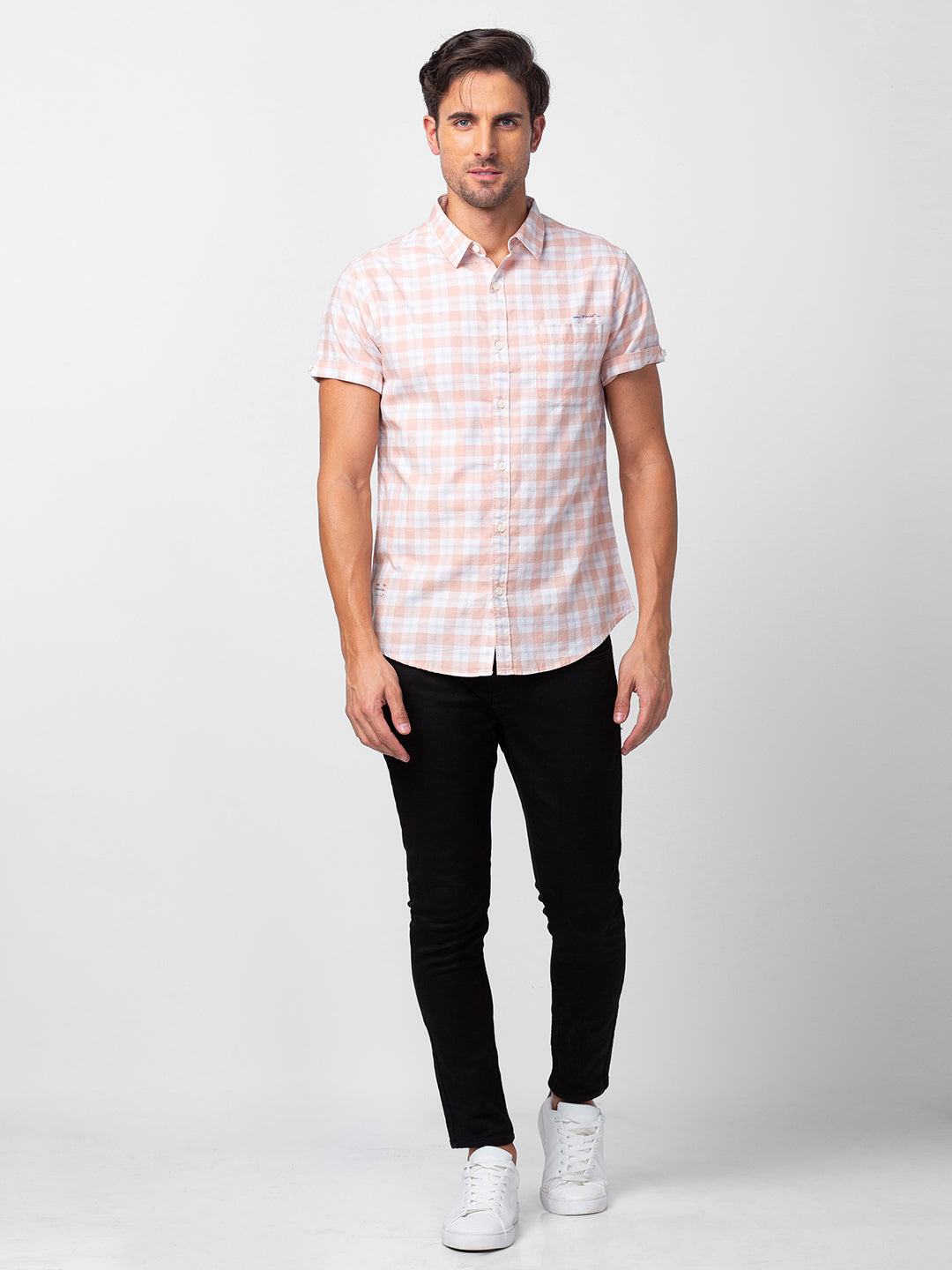 Spykar Men Peach Cotton Slim Fit Checkered Shirt