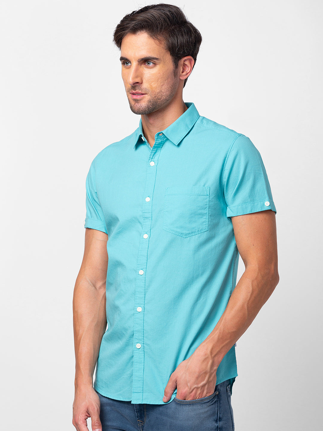 Spykar Men Cool Blue Cotton Slim Fit Plain Shirt