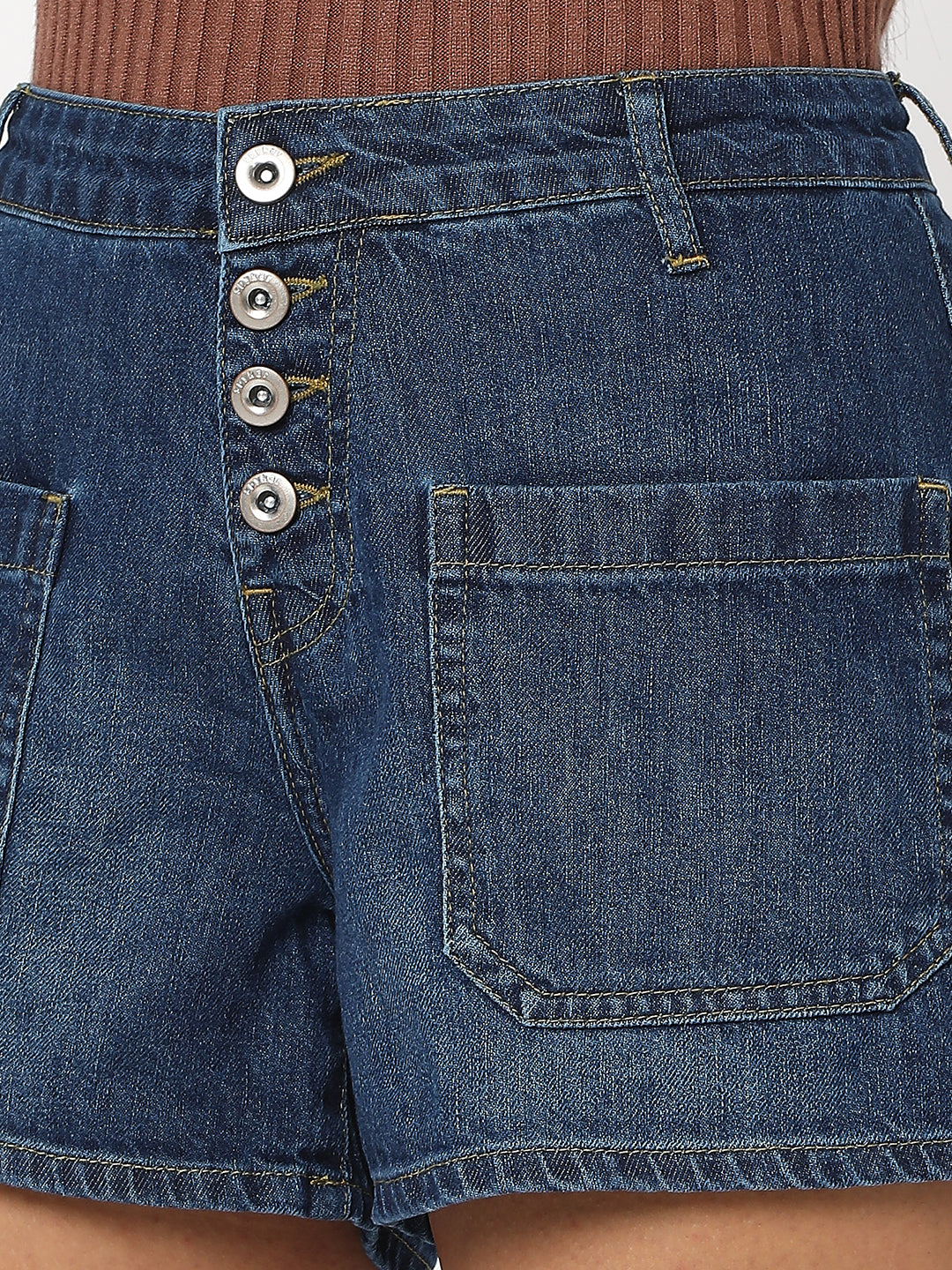 Spykar Dark Blue Cotton Regular Fit Shorts For Women
