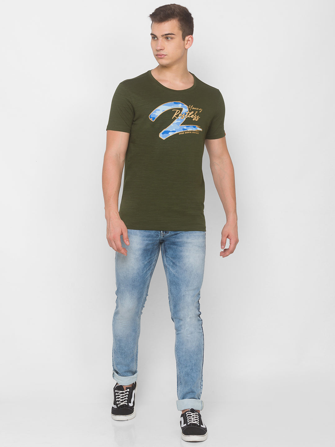 Spykar Men Green Cotton Slim Fit Round Neck T-Shirt