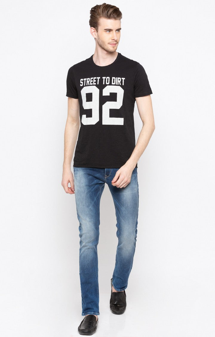 Spykar Jet Black Printed Slim Fit Men T-Shirts