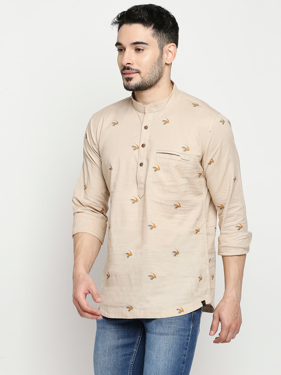 Spykar Fawn Cotton Linen Full Sleeve Printed Kurta For Men