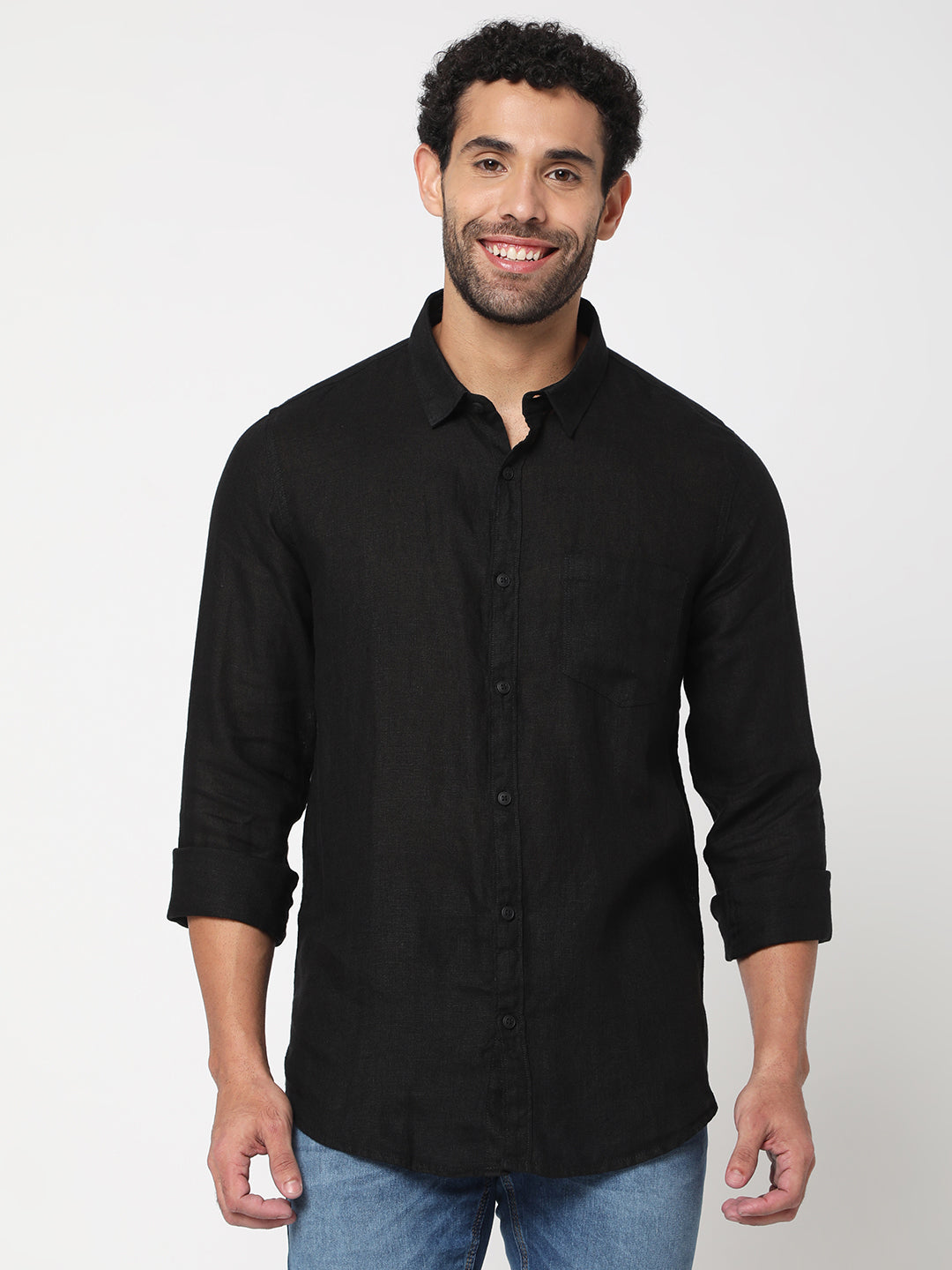 Spykar Men Black Cotton Slim Fit Full Sleeve Plain Shirt