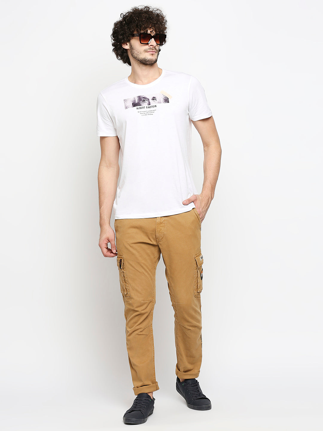 Spykar Men Camel Khaki Solid Slim Mid-Rise Trousers