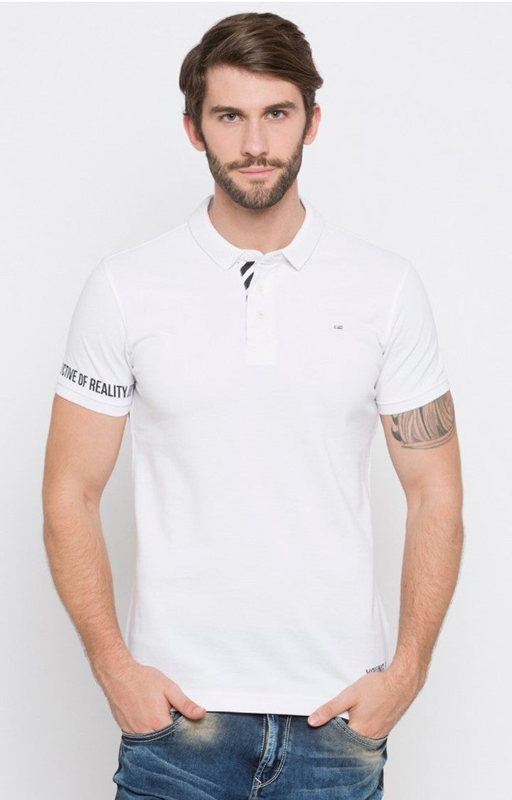 Spykar White Solid Slim Fit Polo T-Shirt