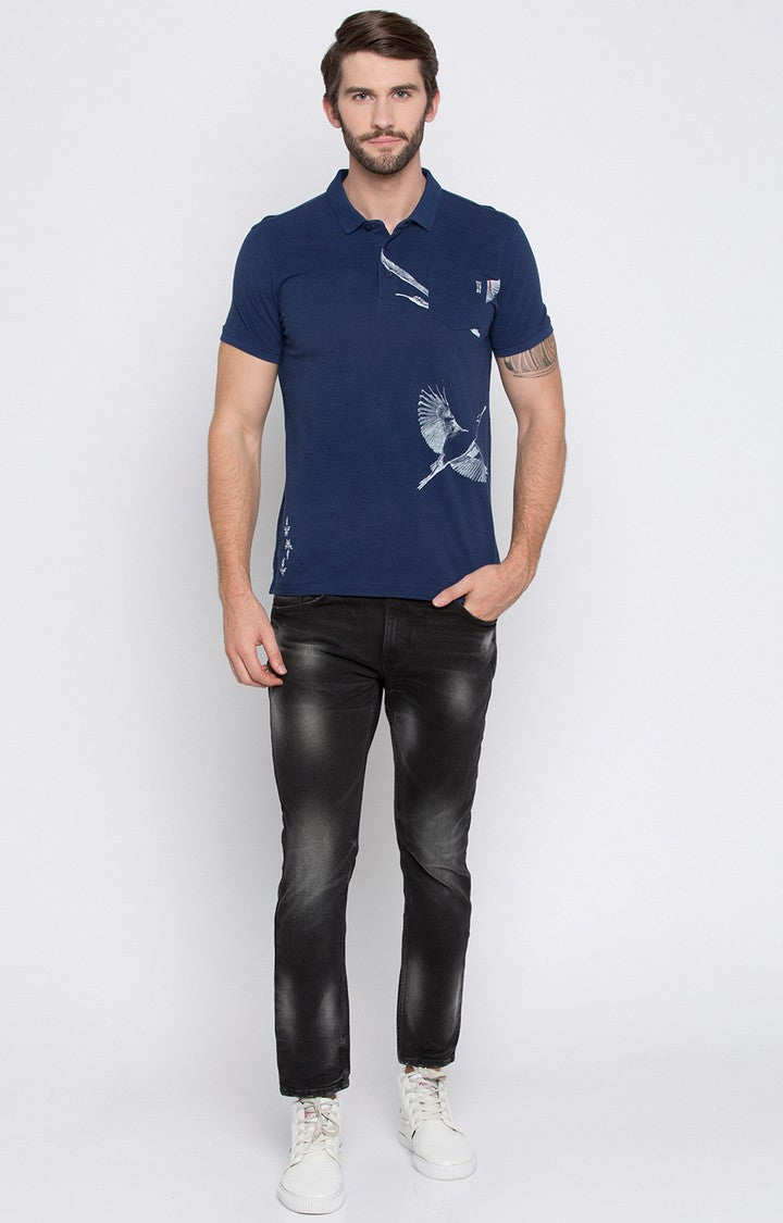 Spykar Blue Printed Slim Fit Polo T-Shirt