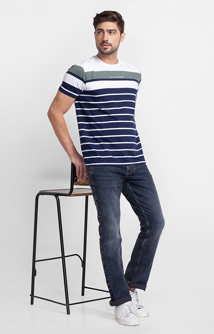Spykar White Cotton Half Sleeve Stripes Casual T-Shirt For Men