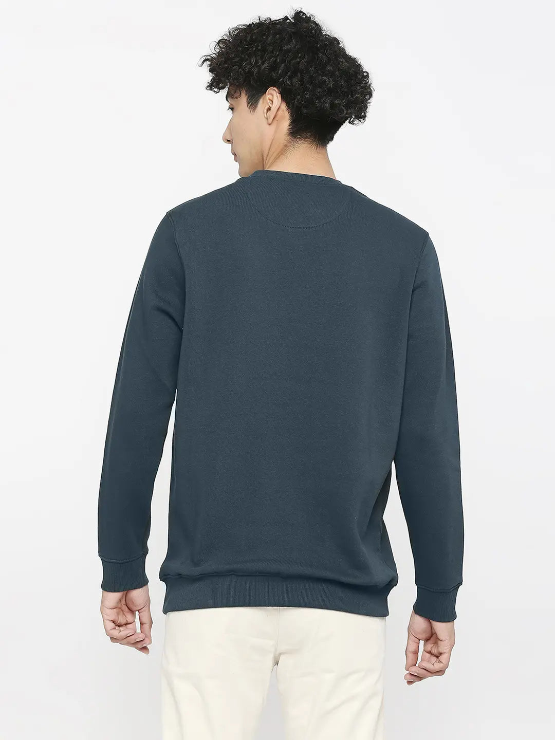 Spykar Teal Blue Cotton Full Sleeve Round Neck Sweatshirt For Men