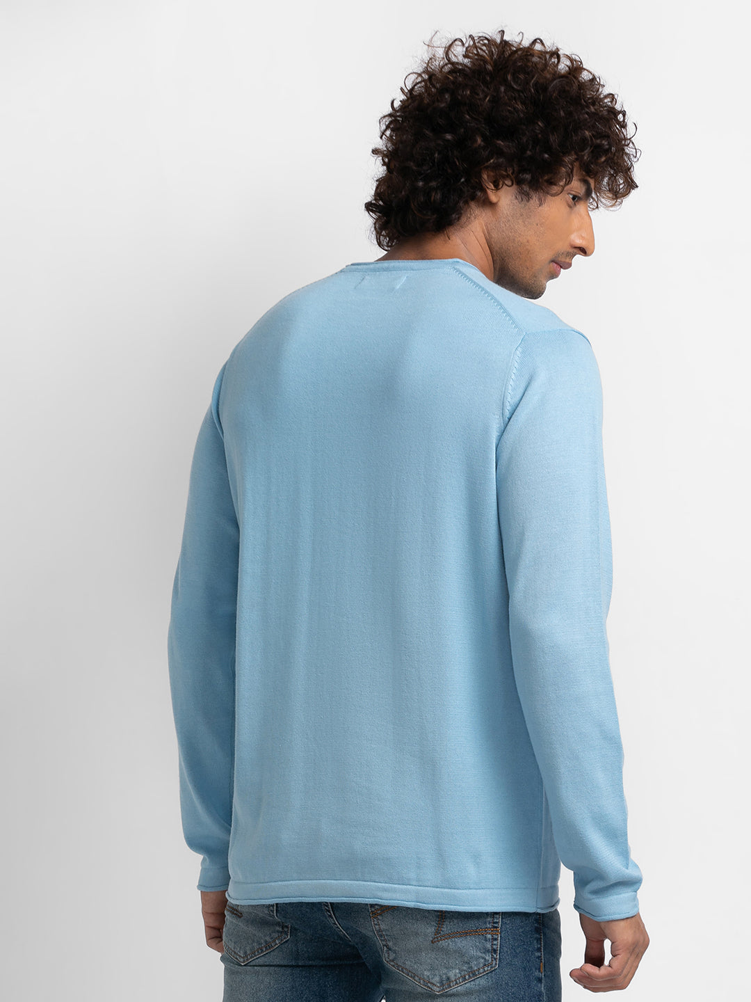 Spykar Sky Blue Cotton Full Sleeve Casual Sweater For Men