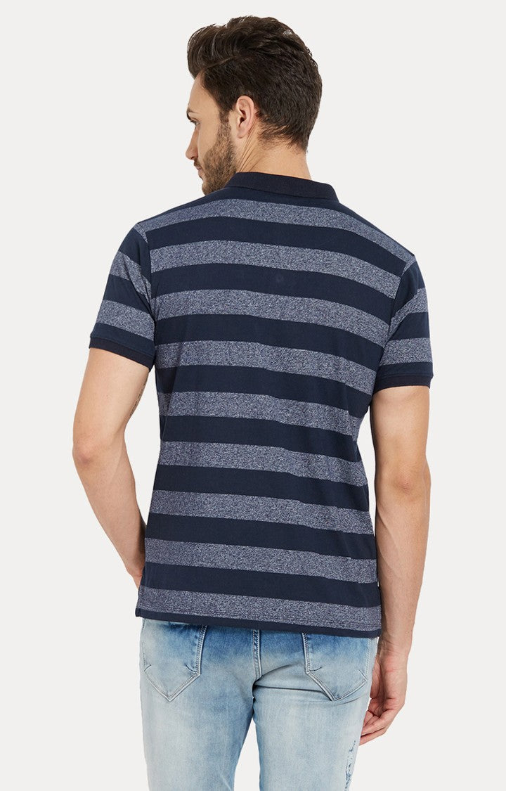 Spykar Navy Striped Slim Fit Polo T-Shirt