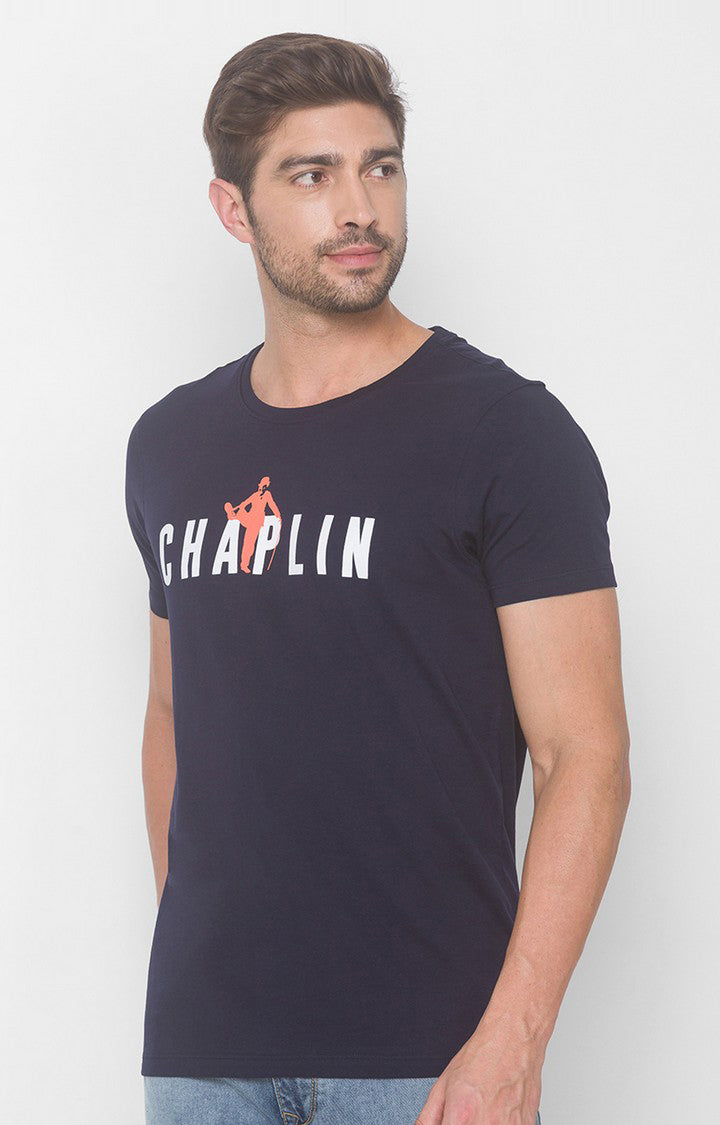 Charlie Chaplin Spykar Men Navy Blue Cotton Slim Fit Round Neck Printed T-Shirt