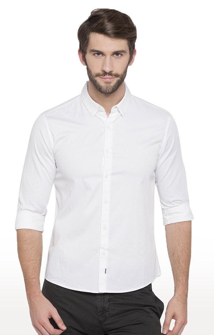 Spykar Men'S White Cotton Solid Casual Shirts