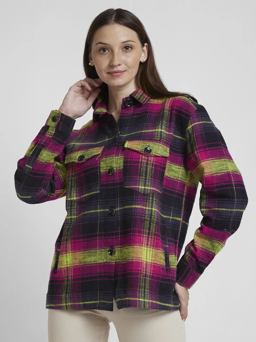 Spykar Women Magenta Cotton Oversize Fit Full Sleeve Checkered Shirt