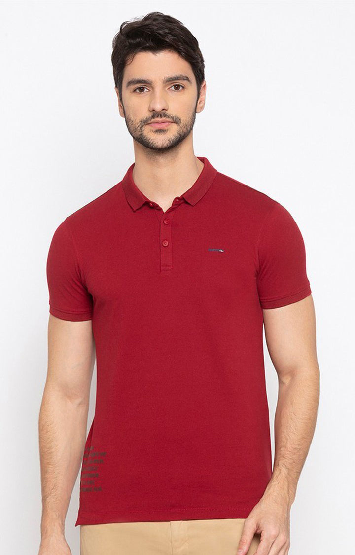 Spykar Men Red Cotton Slim Fit Polo T-Shirt