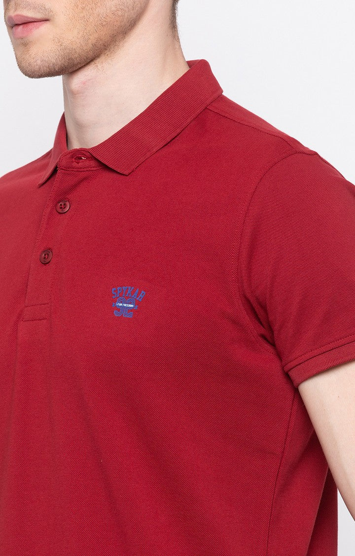 Spykar Red Solid Slim Fit Polo T-Shirt