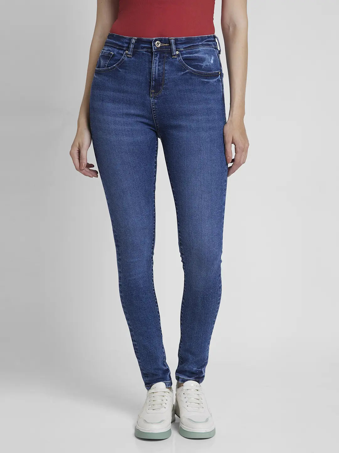 Spykar Women Mid Blue Lycra Skinny Fit Regular Length Clean Look Jeans -(Adora)