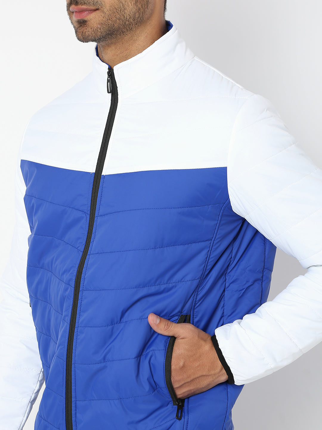 Spykar Men White & Royal Blue Nylon Regular Fit Jacket