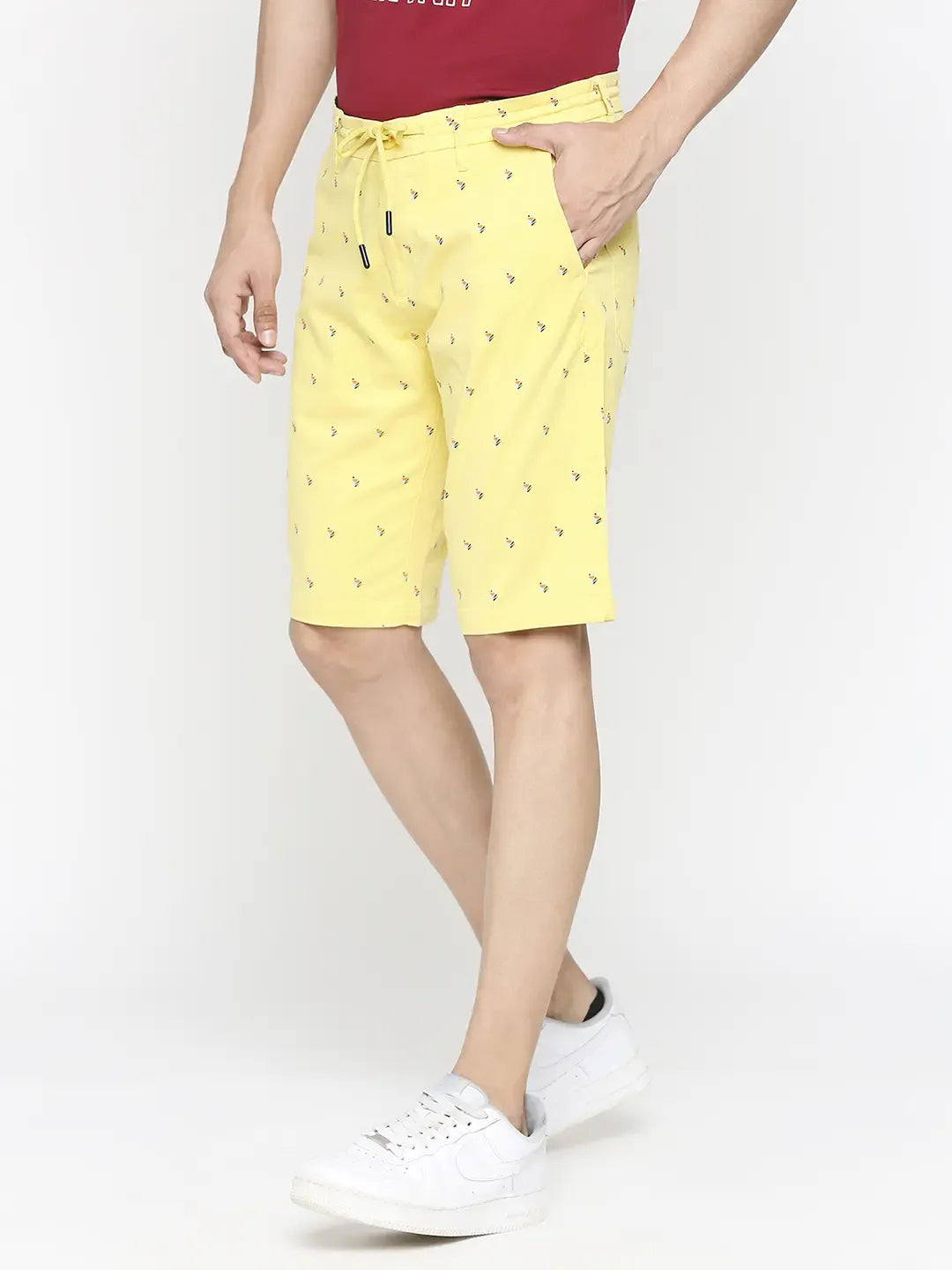 Spykar Men Lemon Yellow Cotton Slim Fit Printed Shorts