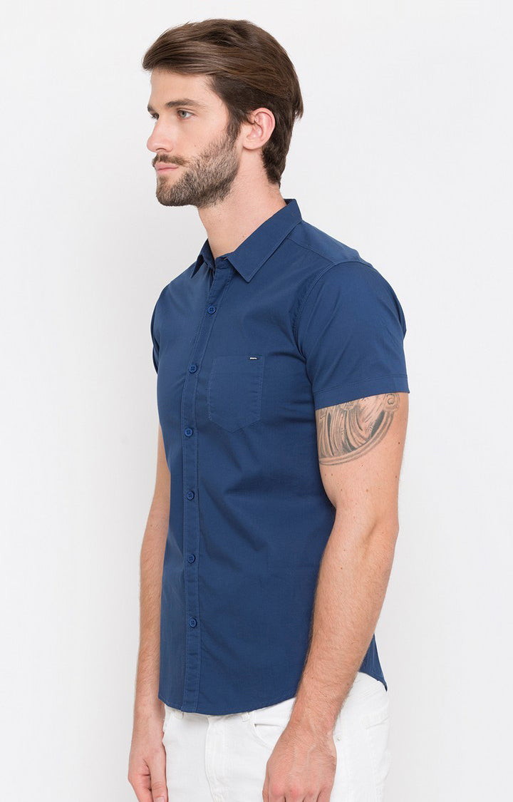 Spykar Men'S Blue Cotton Solid Casual Shirts