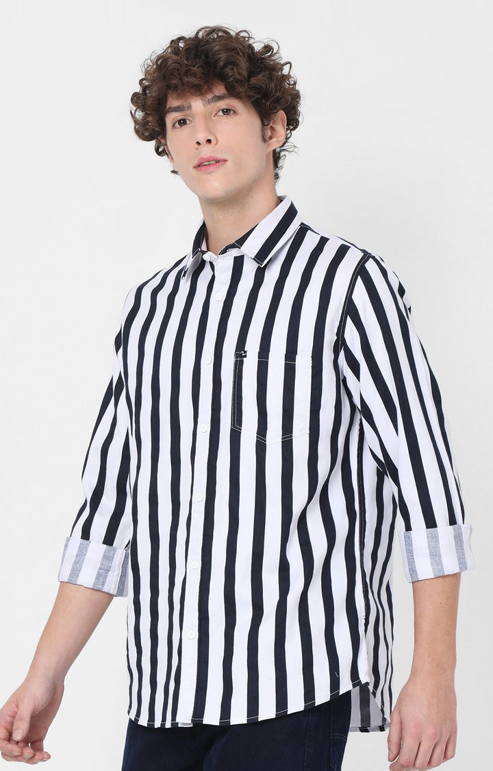 Spykar Slim Fit Navy Blue Striped Full Sleeve Shirts For Men