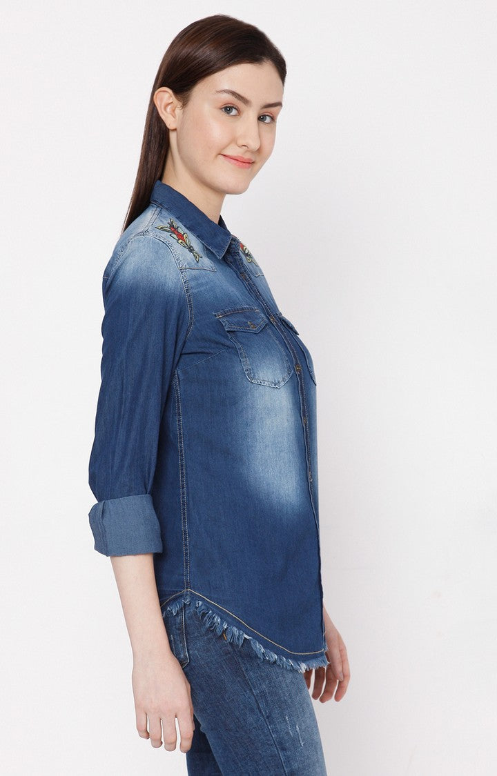 Spykar Women Dark Blue Cotton Regular Fit Denim Shirt