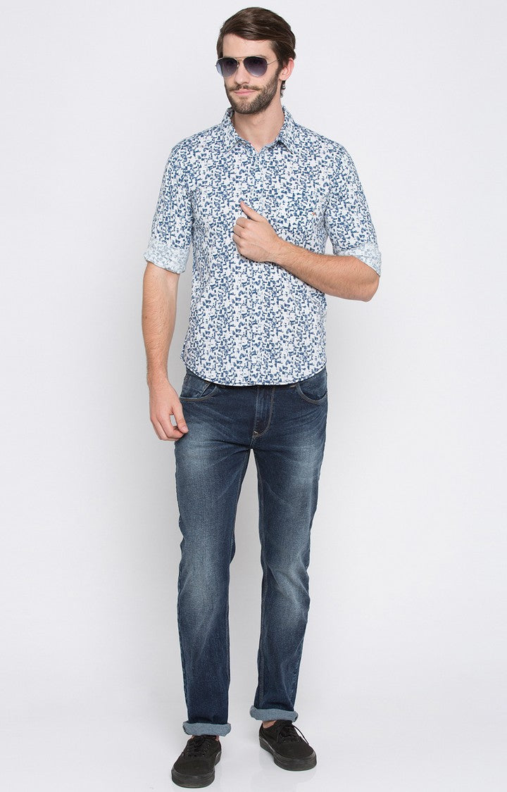 Spykar Men'S Blue Cotton Printed Casual Shirts