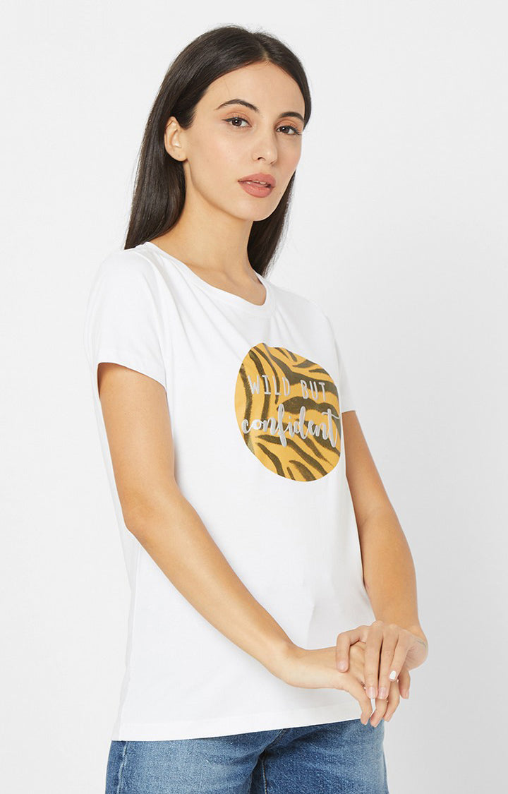 Spykar Women White Cotton Regular Round Neck T-Shirt