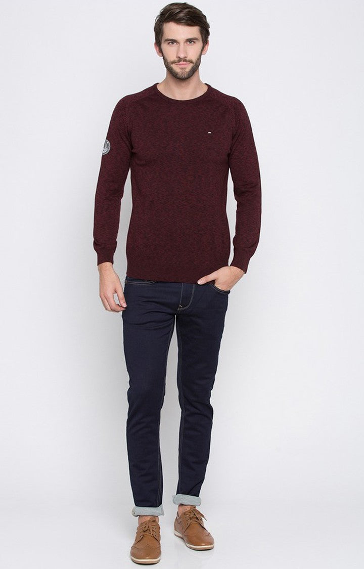 Spykar Maroon Melange Slim Fit Sweaters