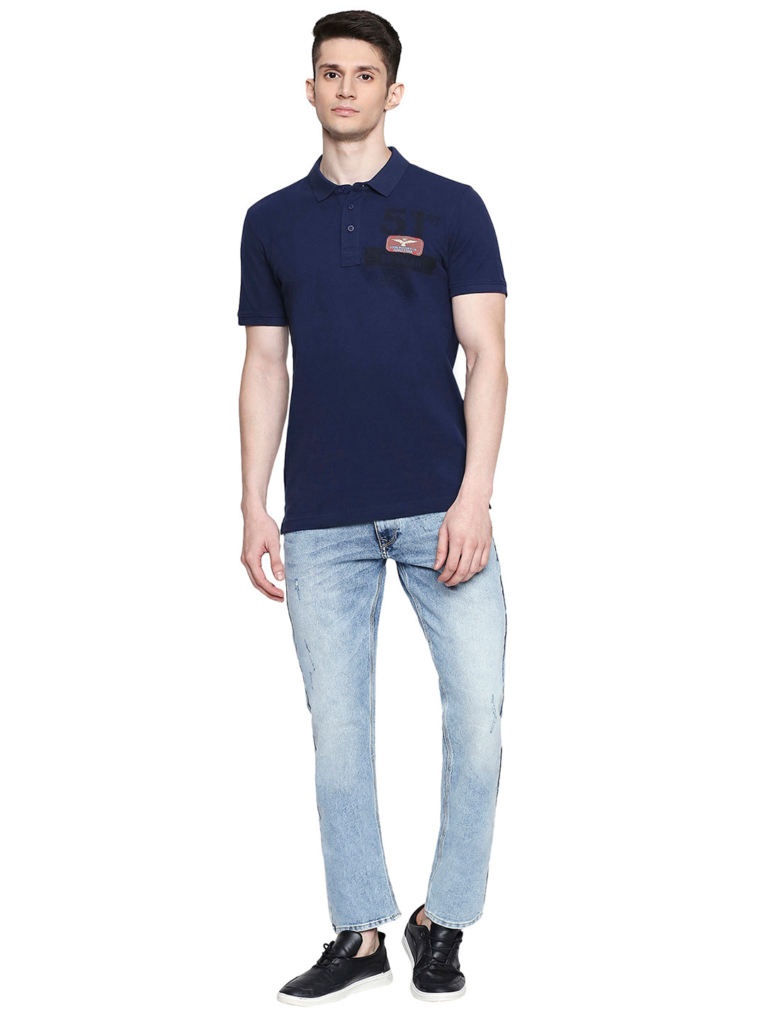 Spykar Men Blue Cotton Slim Fit Polo T-Shirt