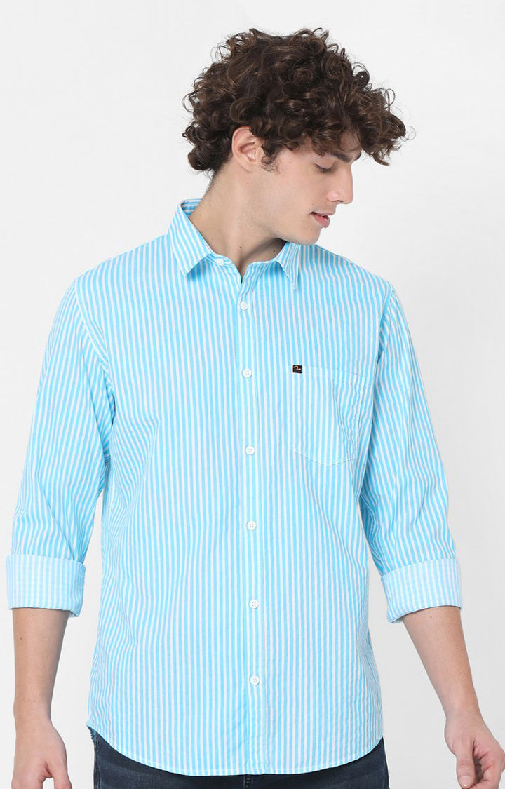 Spykar Slim Fit Blue Striped Full Sleeve Shirts For Men