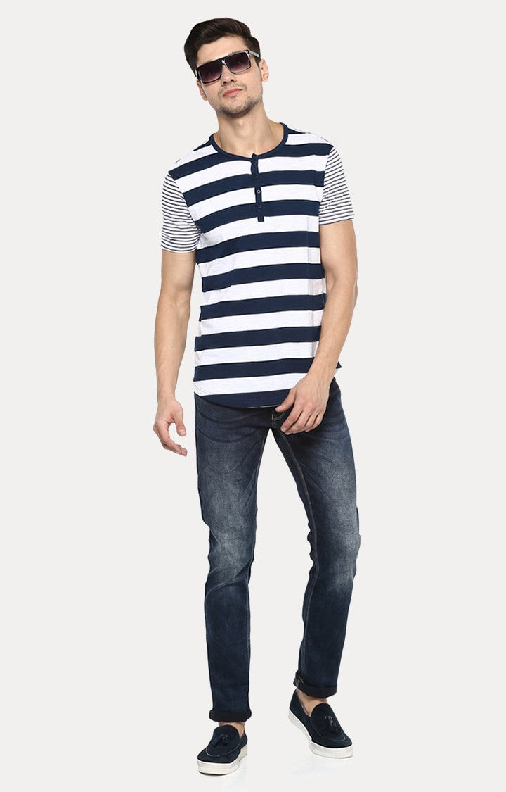 Spykar Navy Blue Striped Slim Fit Men T-Shirts