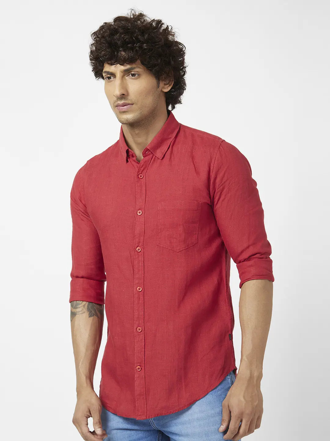 Spykar Men Brick Red Linen Regular Slim Fit Full Sleeve Plain Shirt