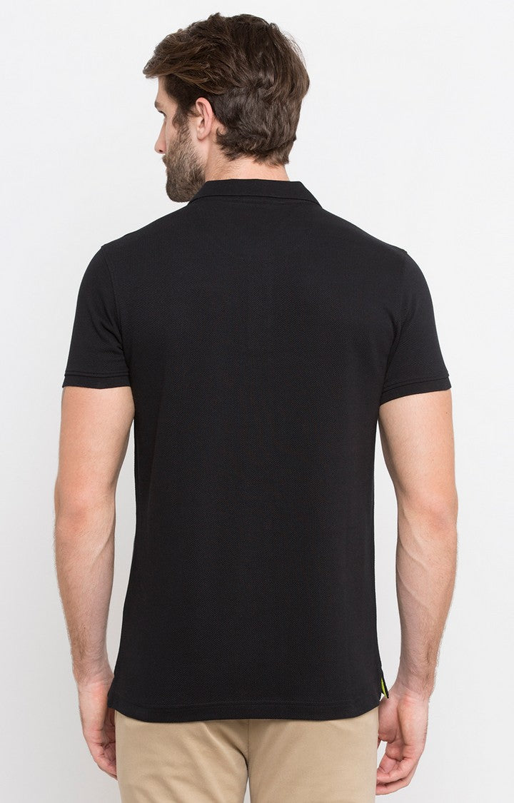 Spykar Black Solid Slim Fit Polo T-Shirt