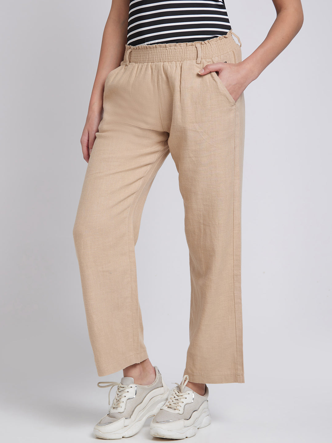 Spykar Women Beige Regular Fit Ankle Length Linen Trousers