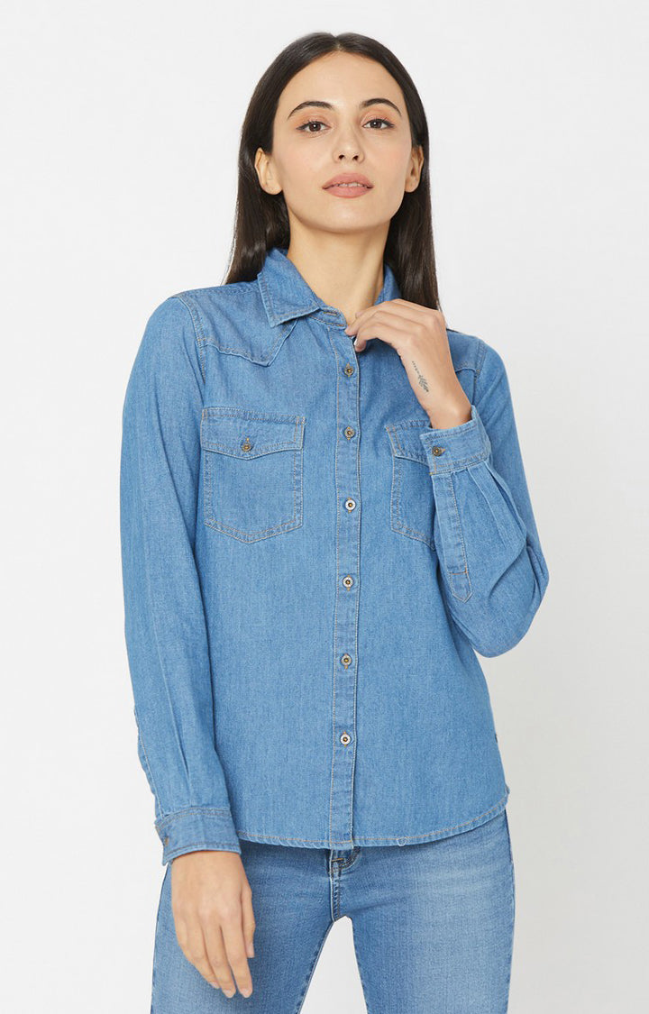 Spykar Women Blue Cotton Slim Fit Denim Shirts