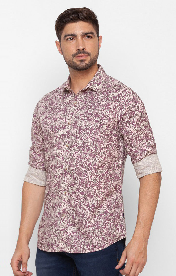 Spykar Mauve Pink Cotton Full Sleeve Printed Shirt For Men