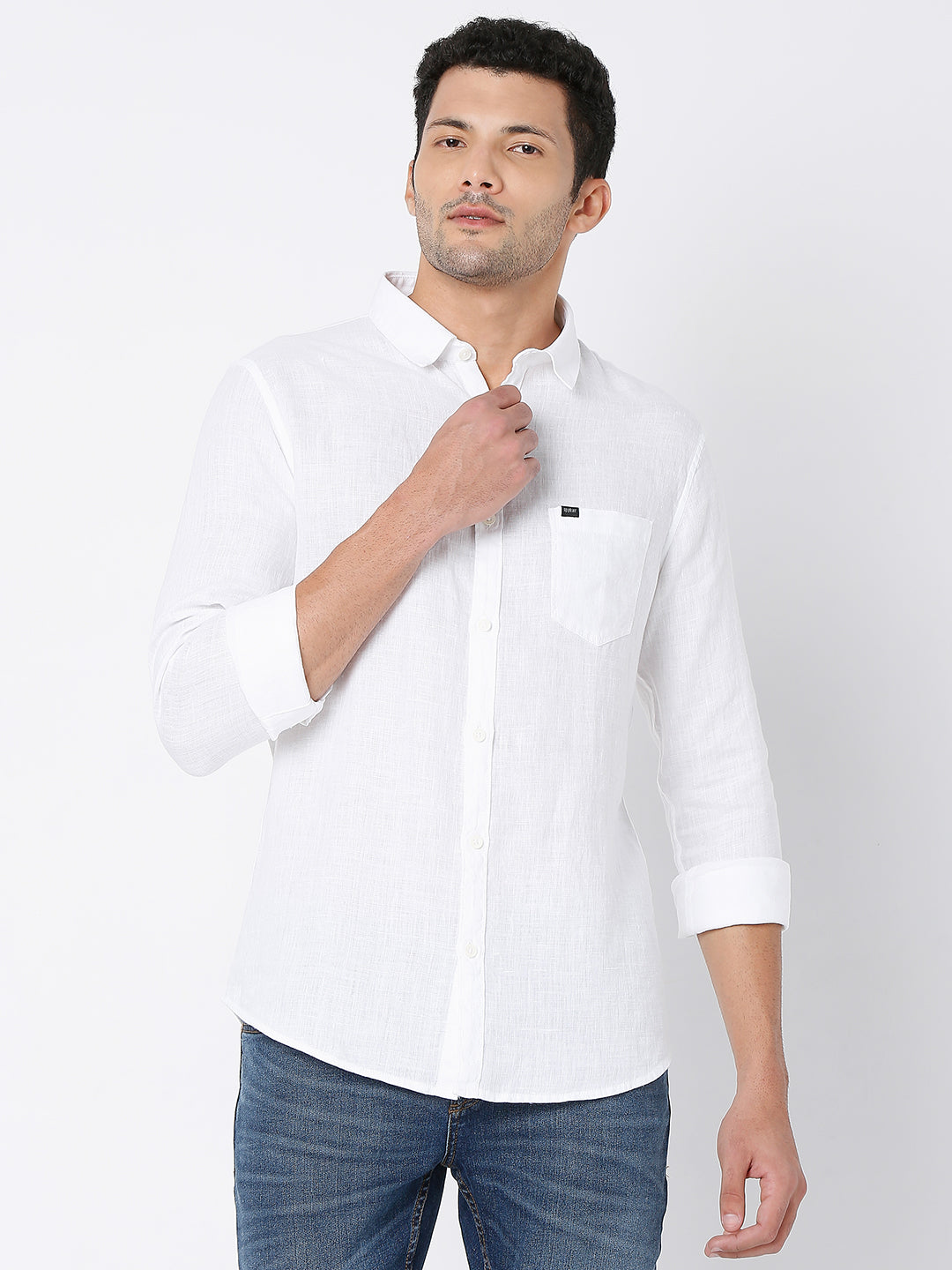 Spykar White Cotton Full Sleeve Plain Shirt For Men