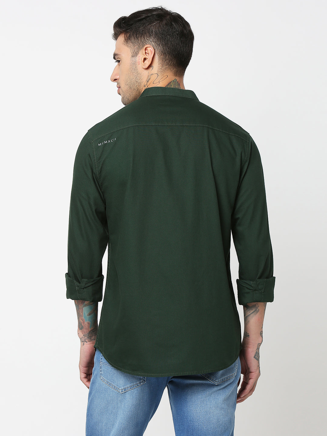 Spykar Men Bottle Green Cotton Slim Fit Plain Shirts