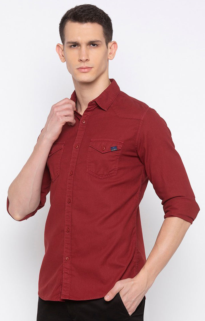 Spykar Red Cotton Slim Fit Shirts For Men