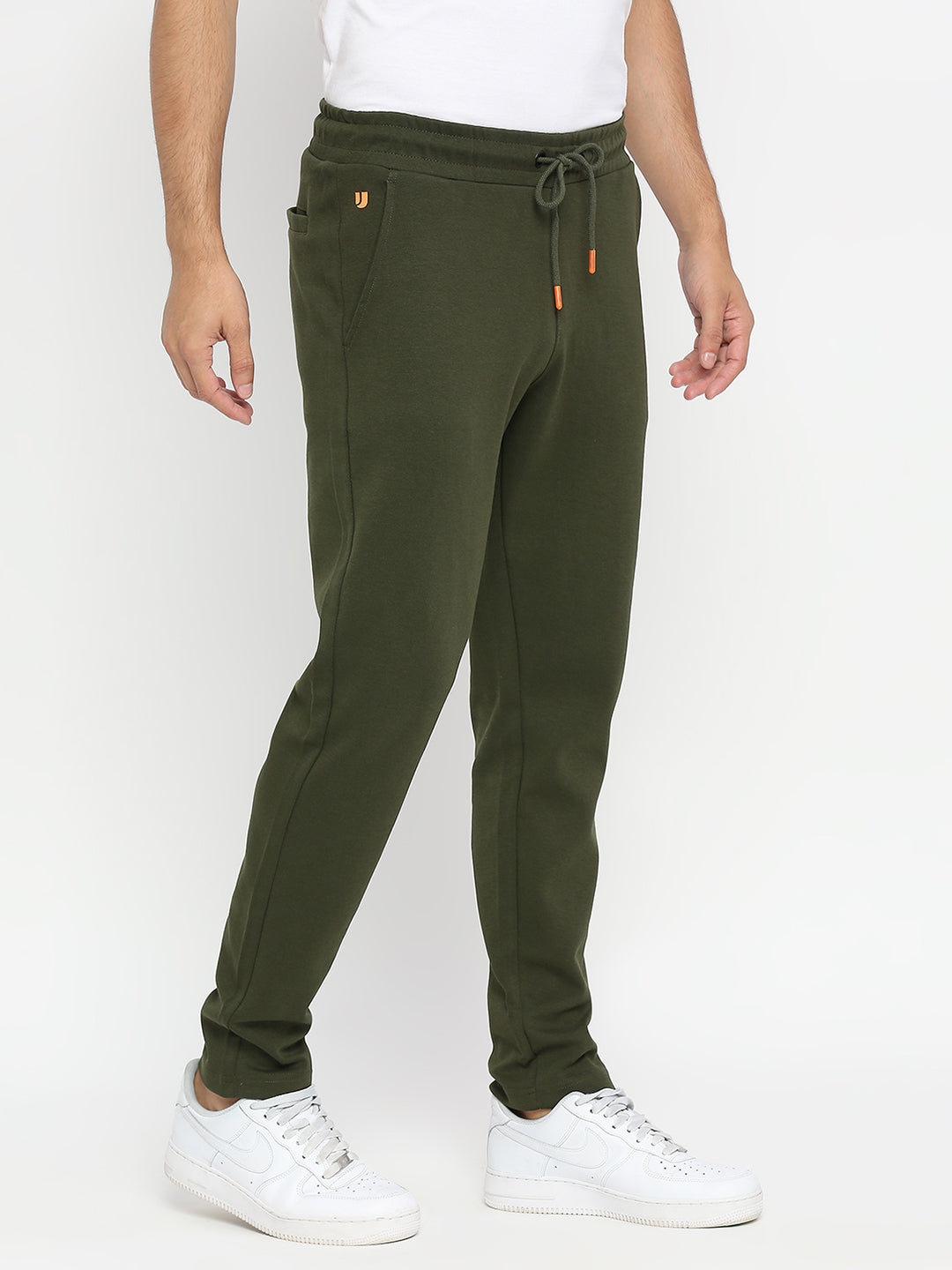 Men Premium Knitted Rifle Green Cotton Straight Fit Trackpants - UnderJeans by Spykar