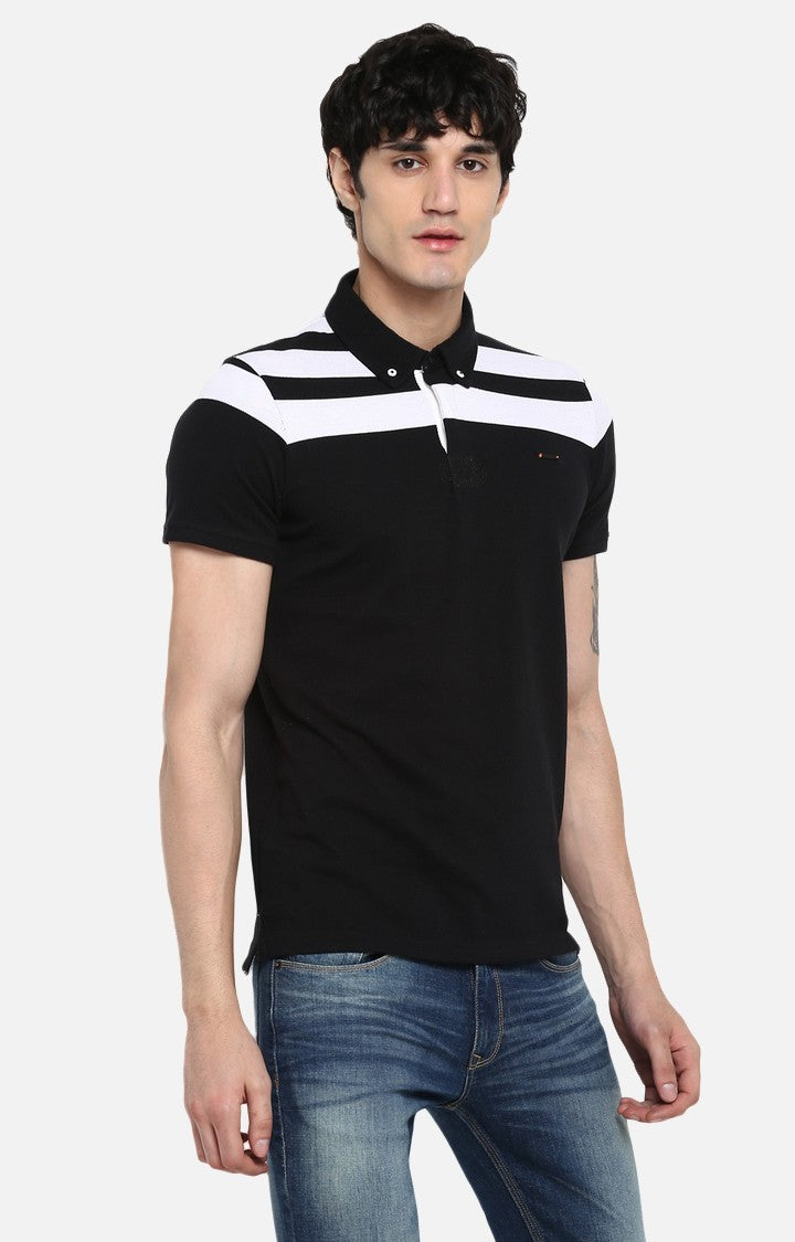 Spykar Black Cotton Slim Fit Polos T-Shirt For Men