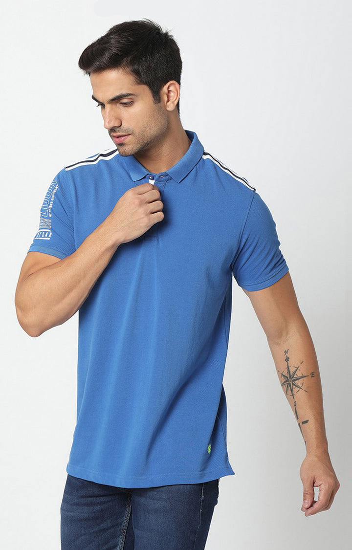 Spykar Men Blue Cotton Plain Polo T-Shirt