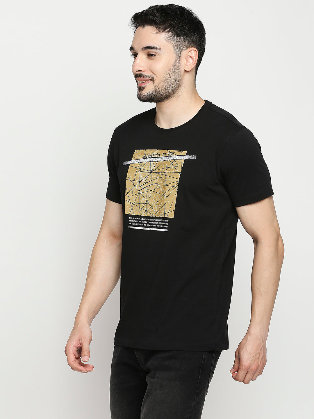 Spykar Black Cotton Half Sleeve Printed Casual T-Shirt For Men