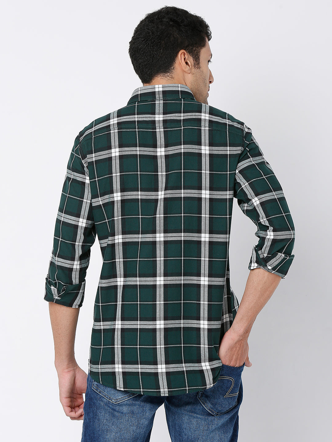 Spykar Men Bottle Green Cotton Slim Fit Checkered Shirt