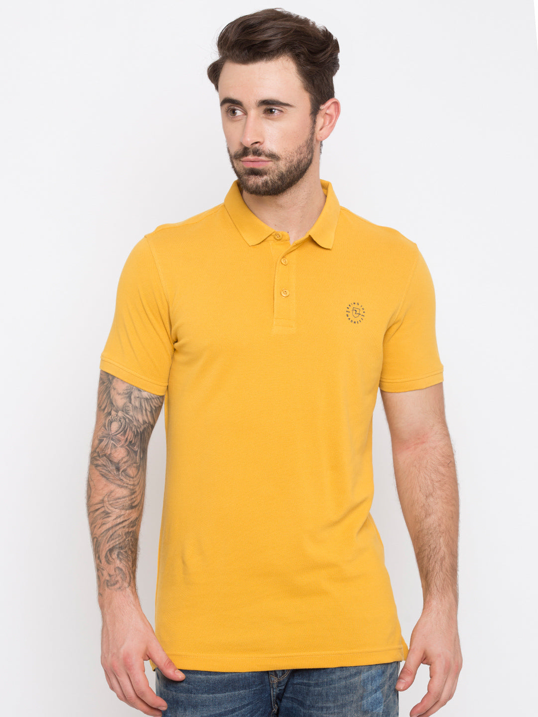 Spykar Yellow Solid Slim Fit Polo Tshirt For Men