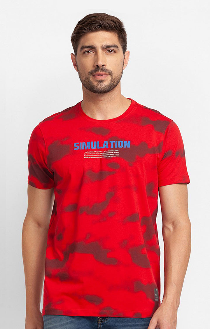 Spykar True Red Cotton Half Sleeve Printed Casual T-Shirt For Men