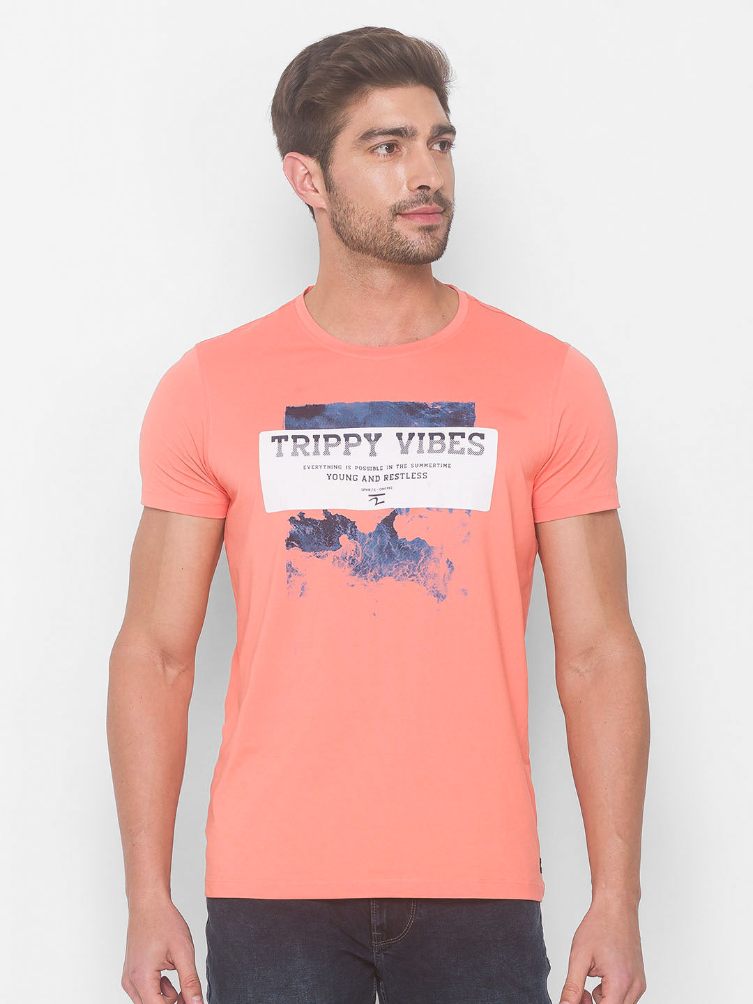 Spykar Men Pink Cotton Slim Fit Round Neck T-Shirt