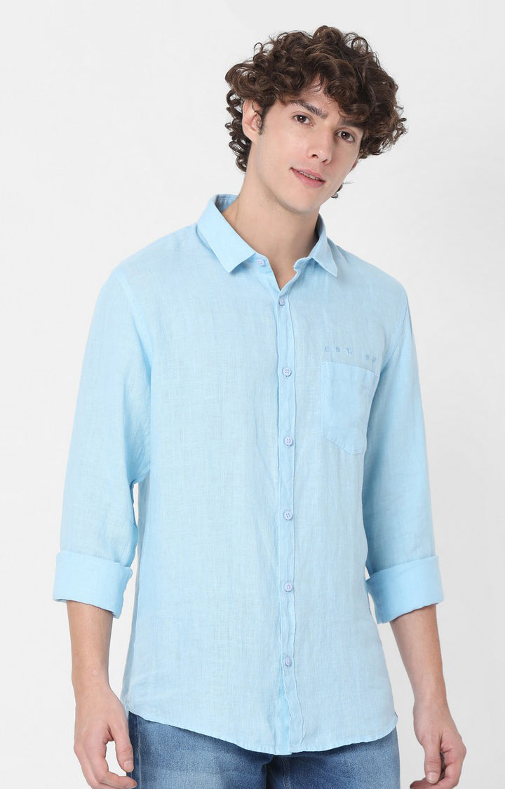 Spykar Slim Fit Blue Plain Full Sleeve Shirts For Men