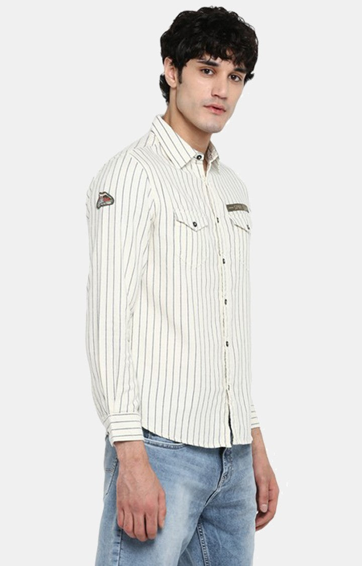 Spykar Men'S White Cotton Striped Casual Shirts