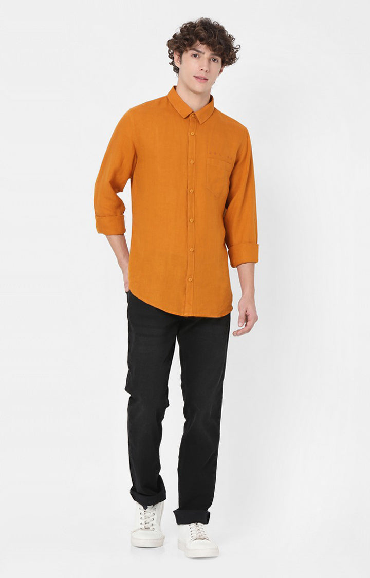 Spykar Slim Fit Orange Plain Full Sleeve Shirts For Men